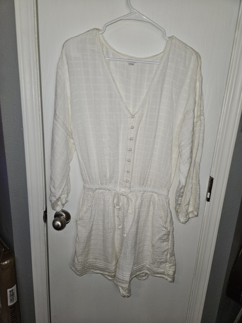 aerie White Button-Front V-Neck Drawstring Romper